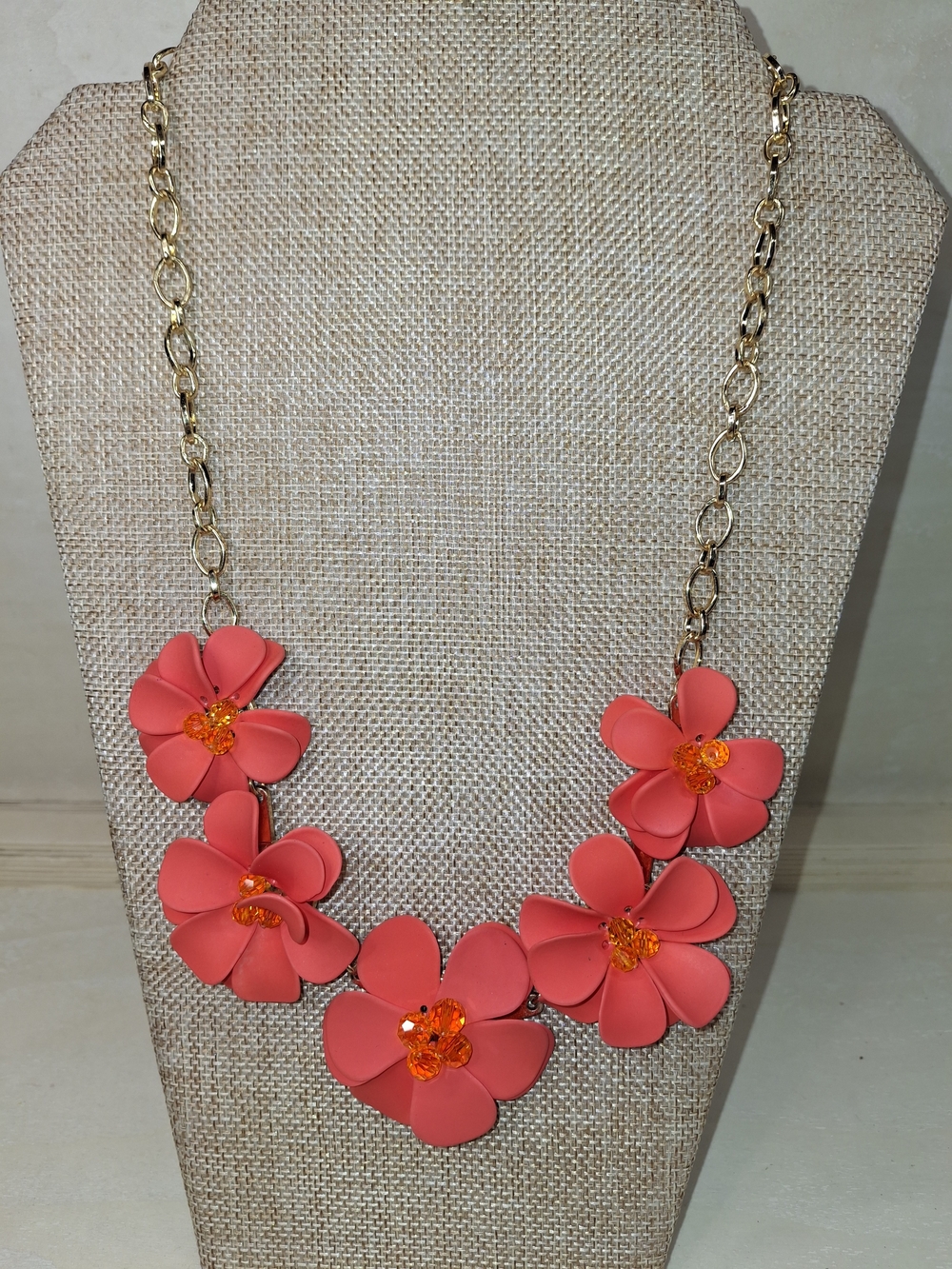 Floral Statement Necklace - Coral Pink Flower Design